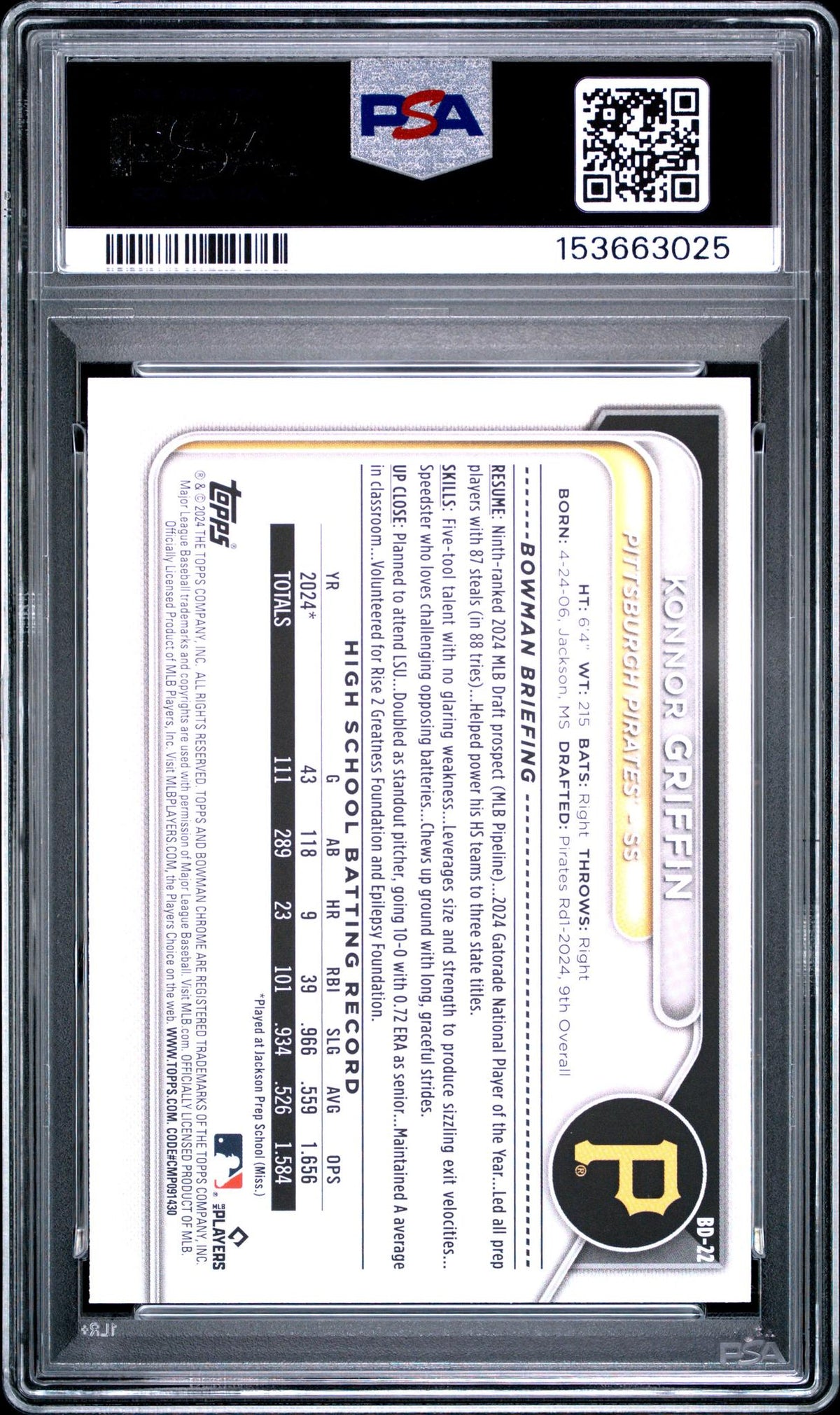 2024 Bowman Draft Konnor Griffin #BD22 PSA 9