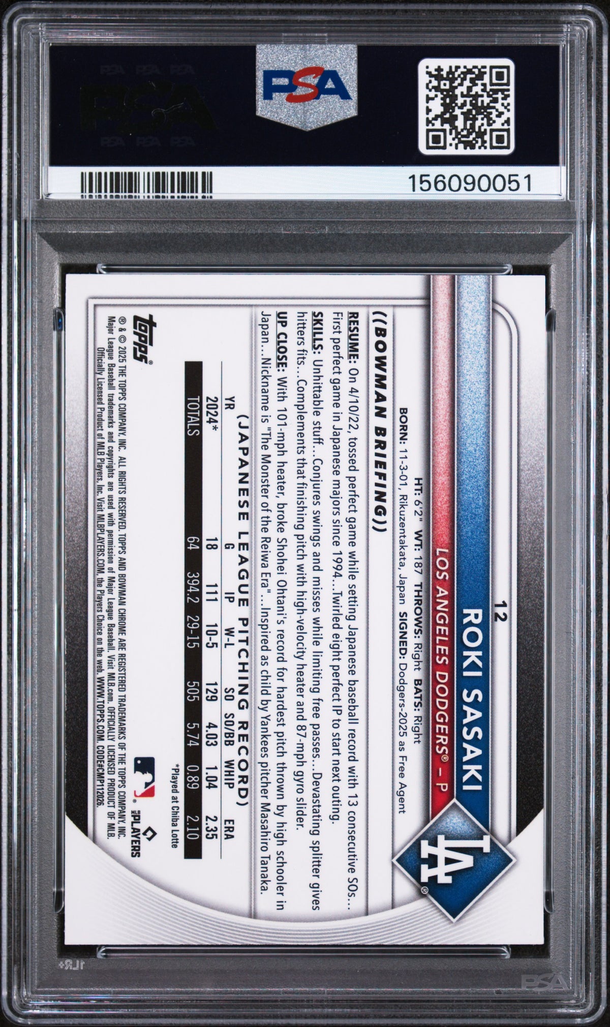 2025 Bowman Chrome Geometric Refractor Roki Sasaki #12 /499 PSA 9