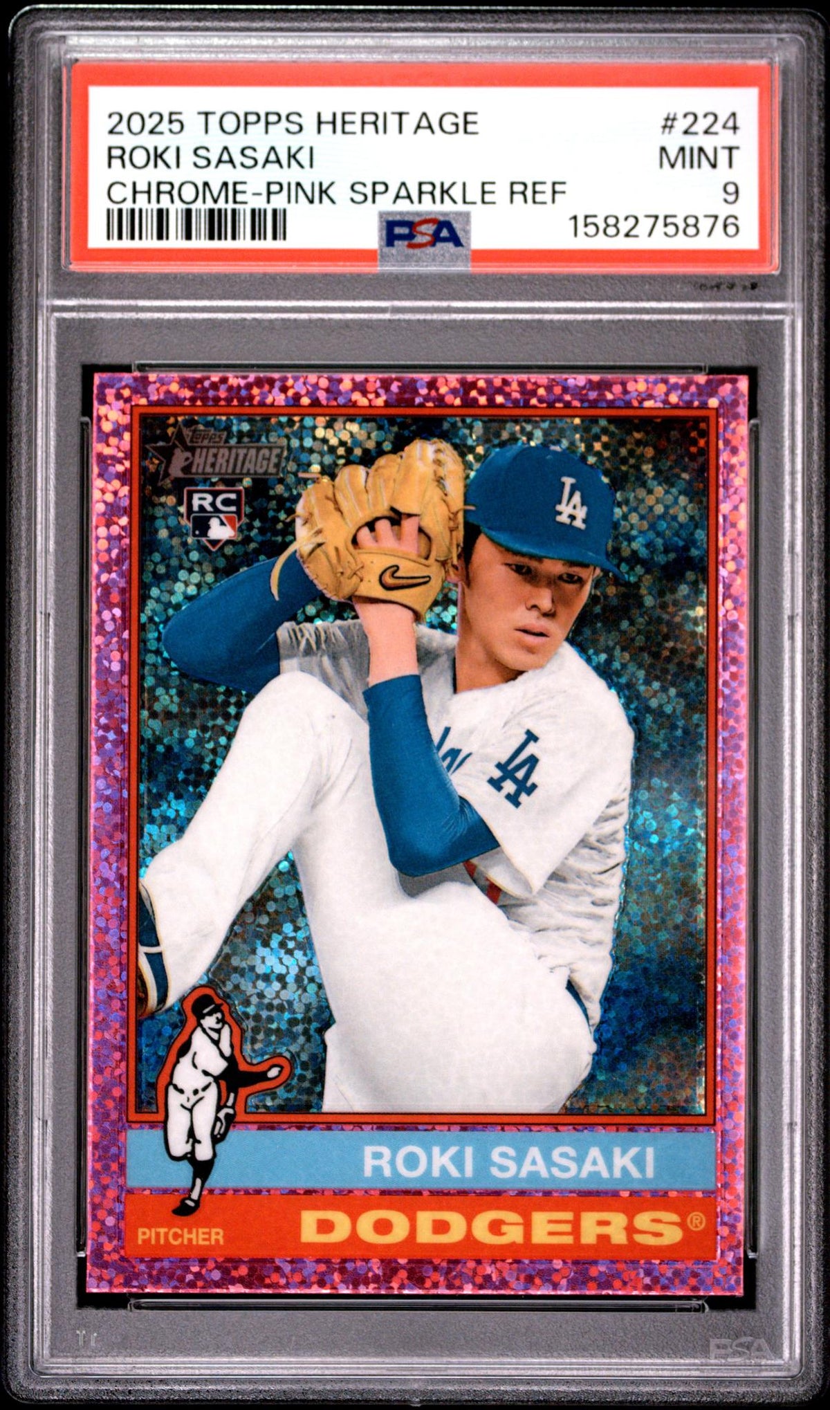 2025 Topps Heritage Chrome Pink Sparkle Refractor Roki Sasaki #224 PSA 9