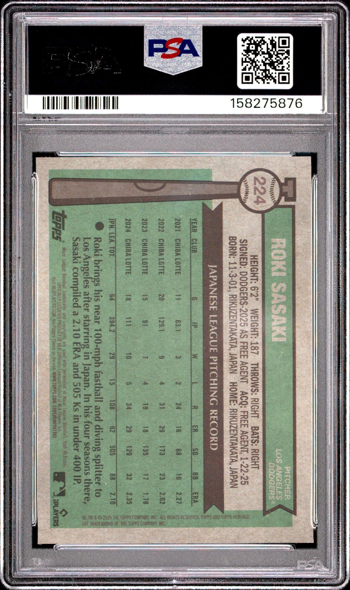 2025 Topps Heritage Chrome Pink Sparkle Refractor Roki Sasaki #224 PSA 9
