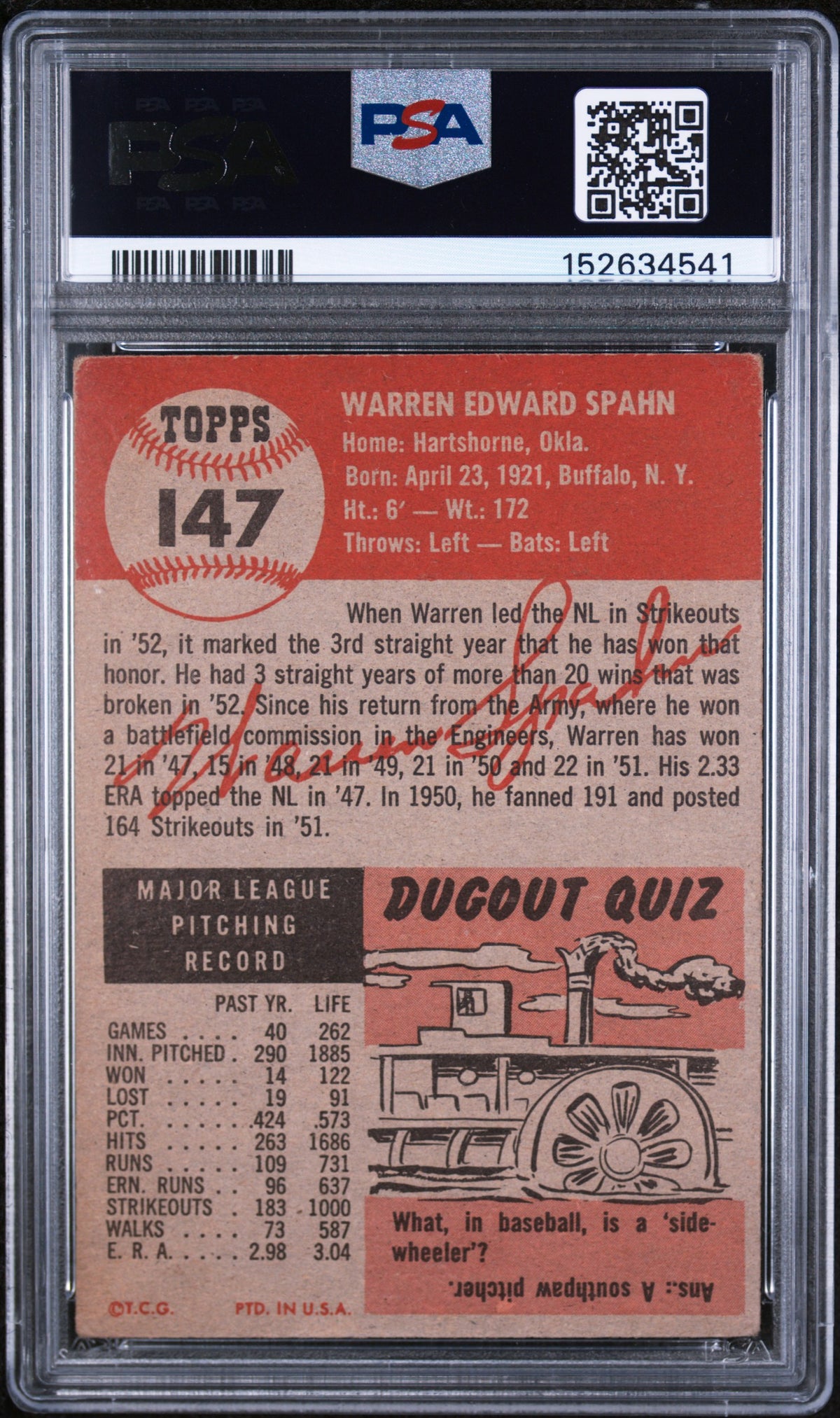1953 Topps Warren Spahn #147 PSA 2
