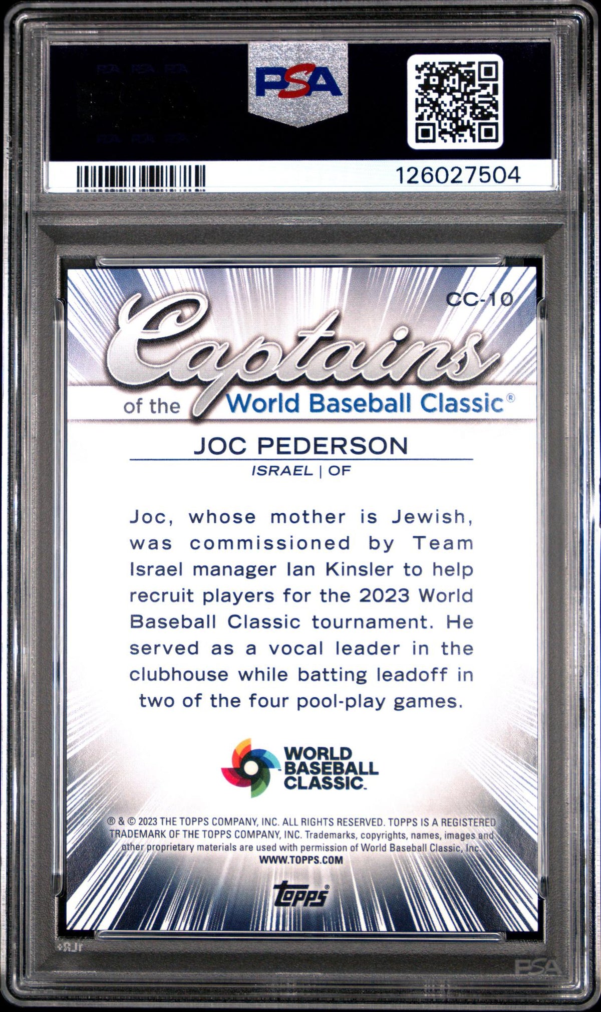 2023 Topps World Baseball Classic Captains of the Classic Black Diffractors Joc Pederson #CC10 /10 PSA 10
