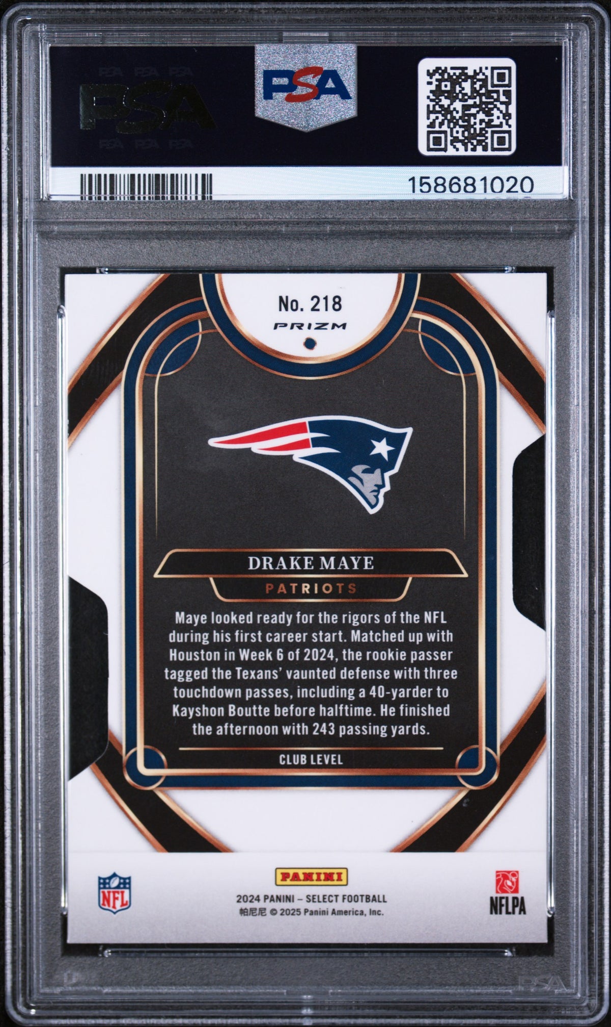 2024 Panini Select Club Level Die Cut Silver Prizm Drake Maye #218 PSA 8