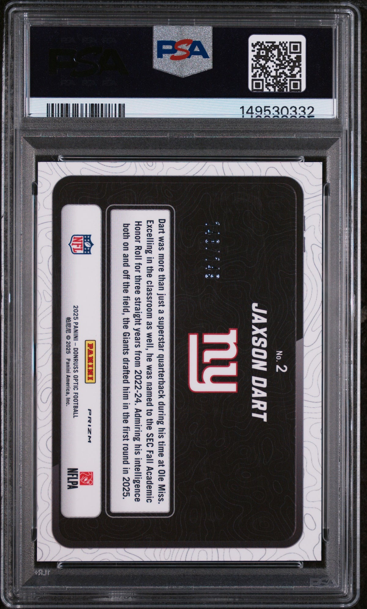 2025 Donruss Optic Passing Grade Black Pandora Jaxson Dart #2 /149 PSA 9