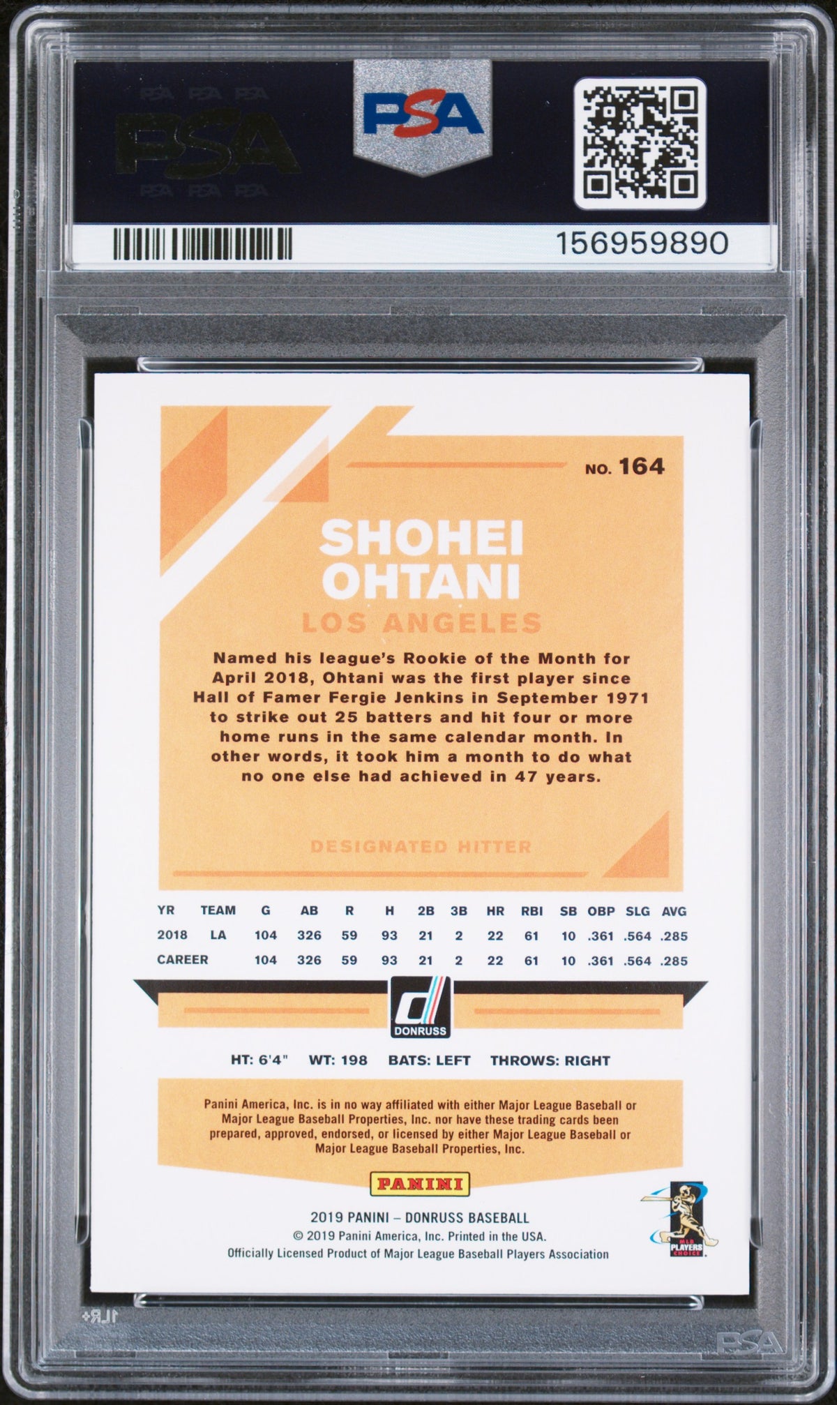 2019 Panini Donruss Showtime-Career Stat Line Shohei Ohtani #164 PSA 9