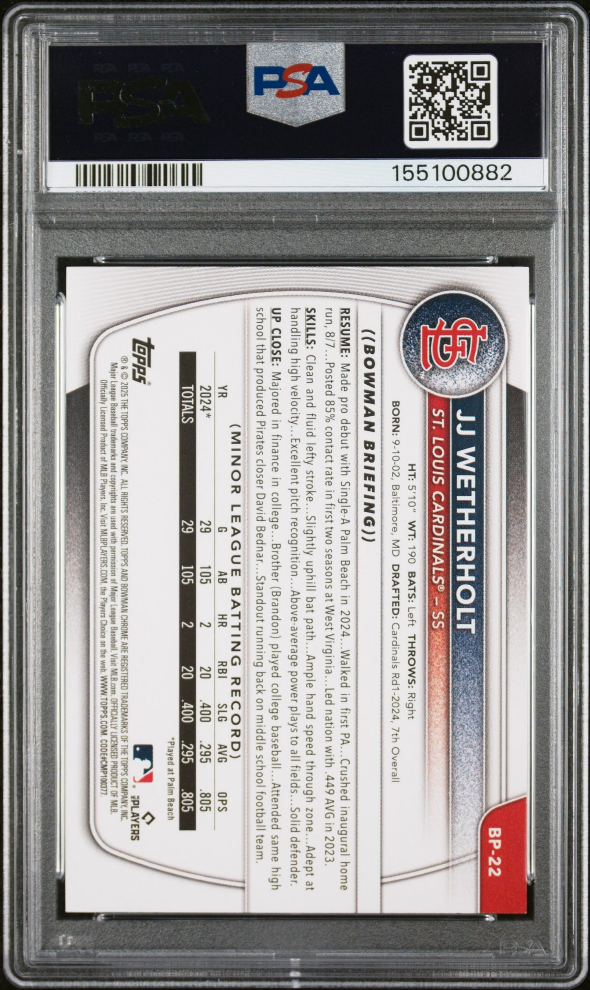 2025 Bowman Purple JJ Wetherholt #BP22 PSA 8
