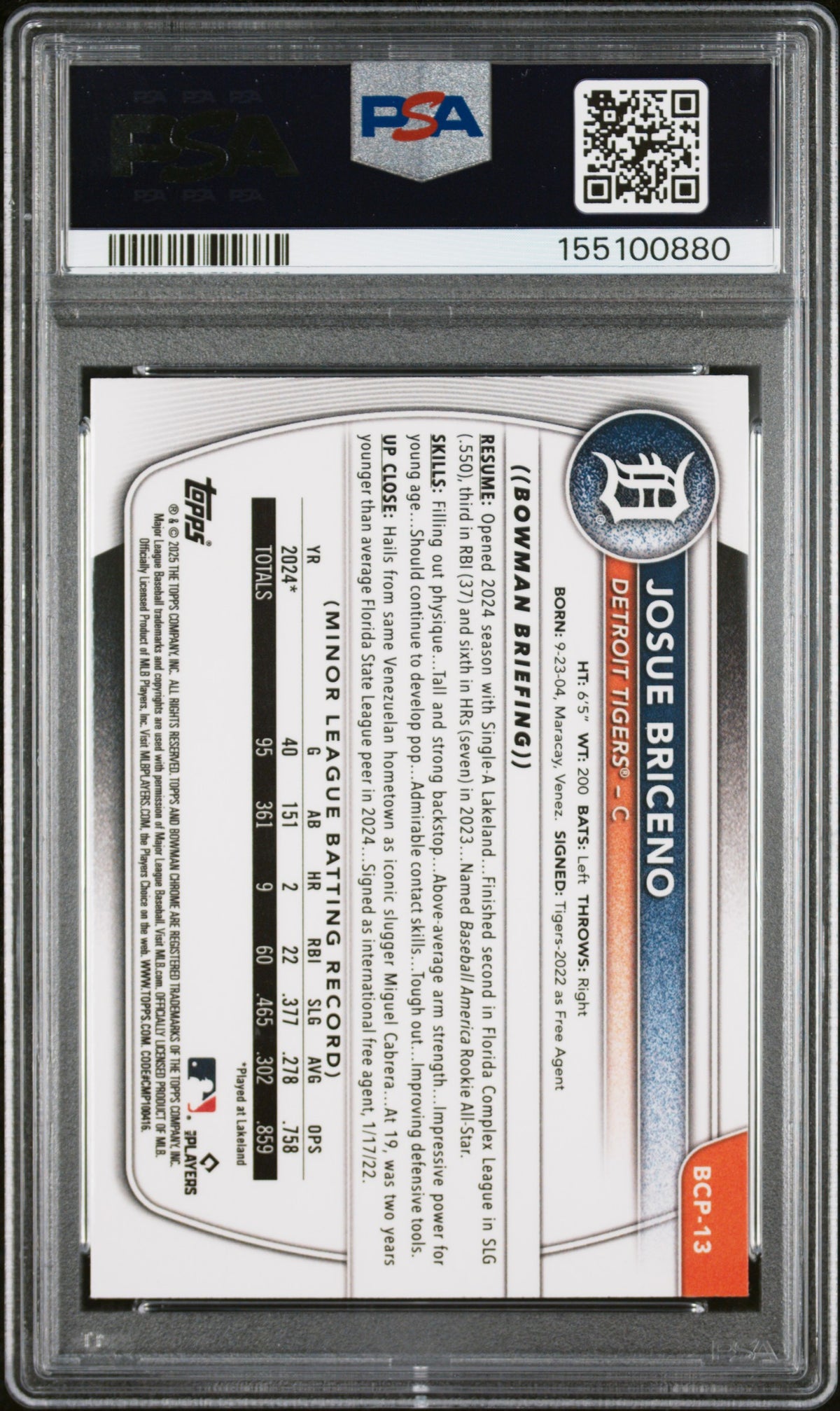 2025 Bowman Bowman Purple Geometric Refractor Josue Briceno #BCP-13 PSA 10