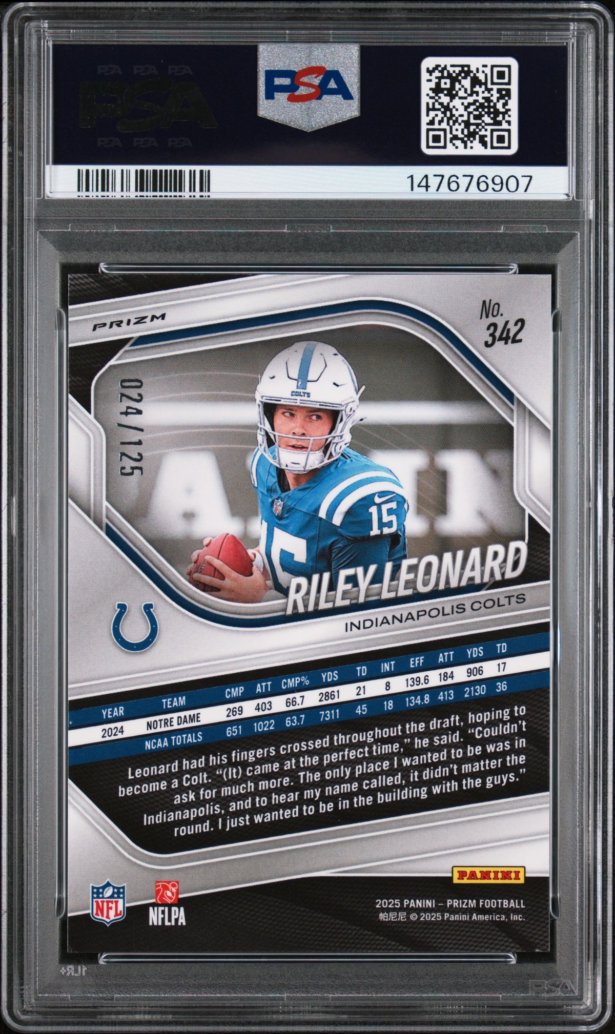 2025 Panini Prizm Purple Prizm Riley Leonard #342 PSA 10