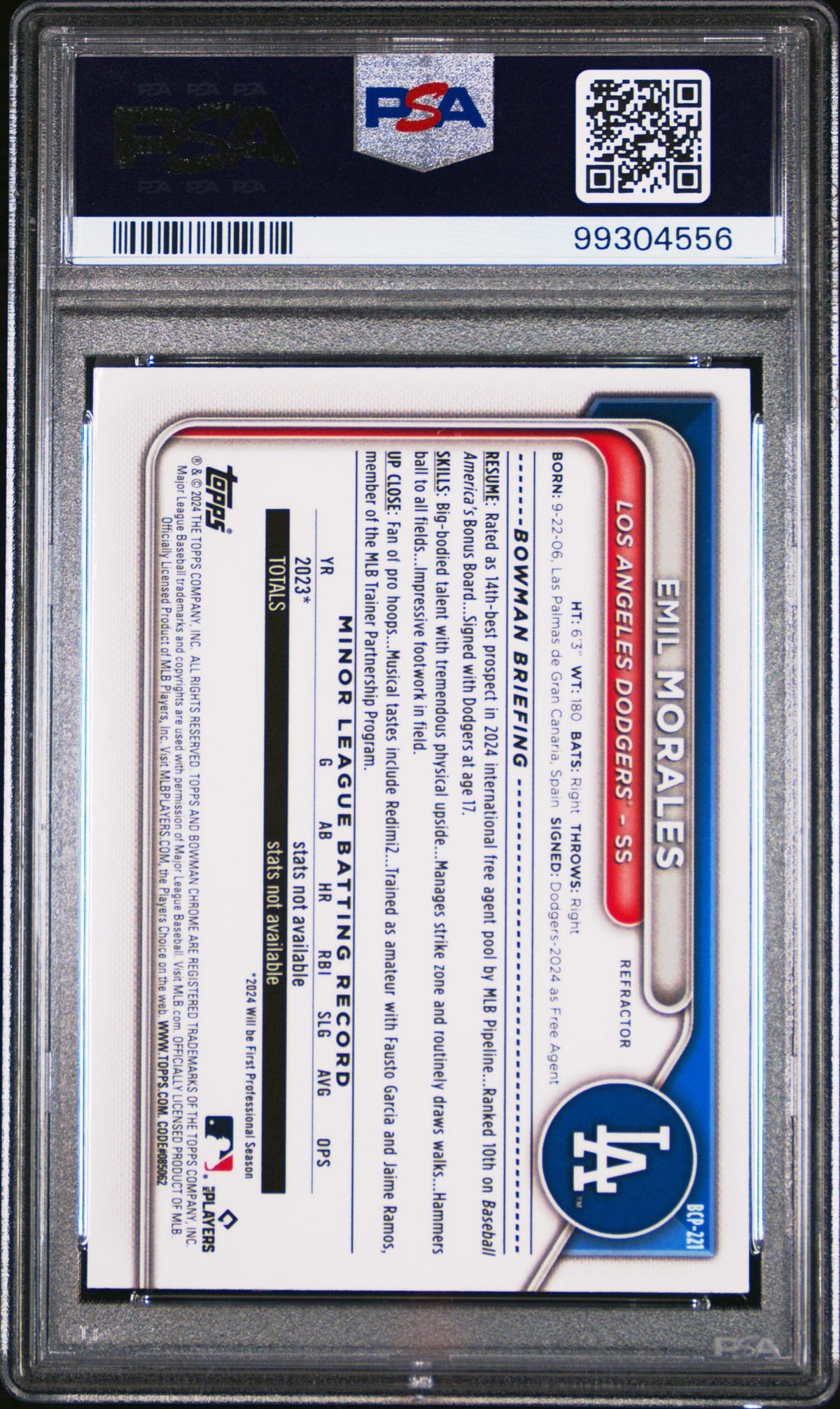 2024 Bowman Chrome Prospects Chrome Prospects Emil Morales #BCP221 PSA 9