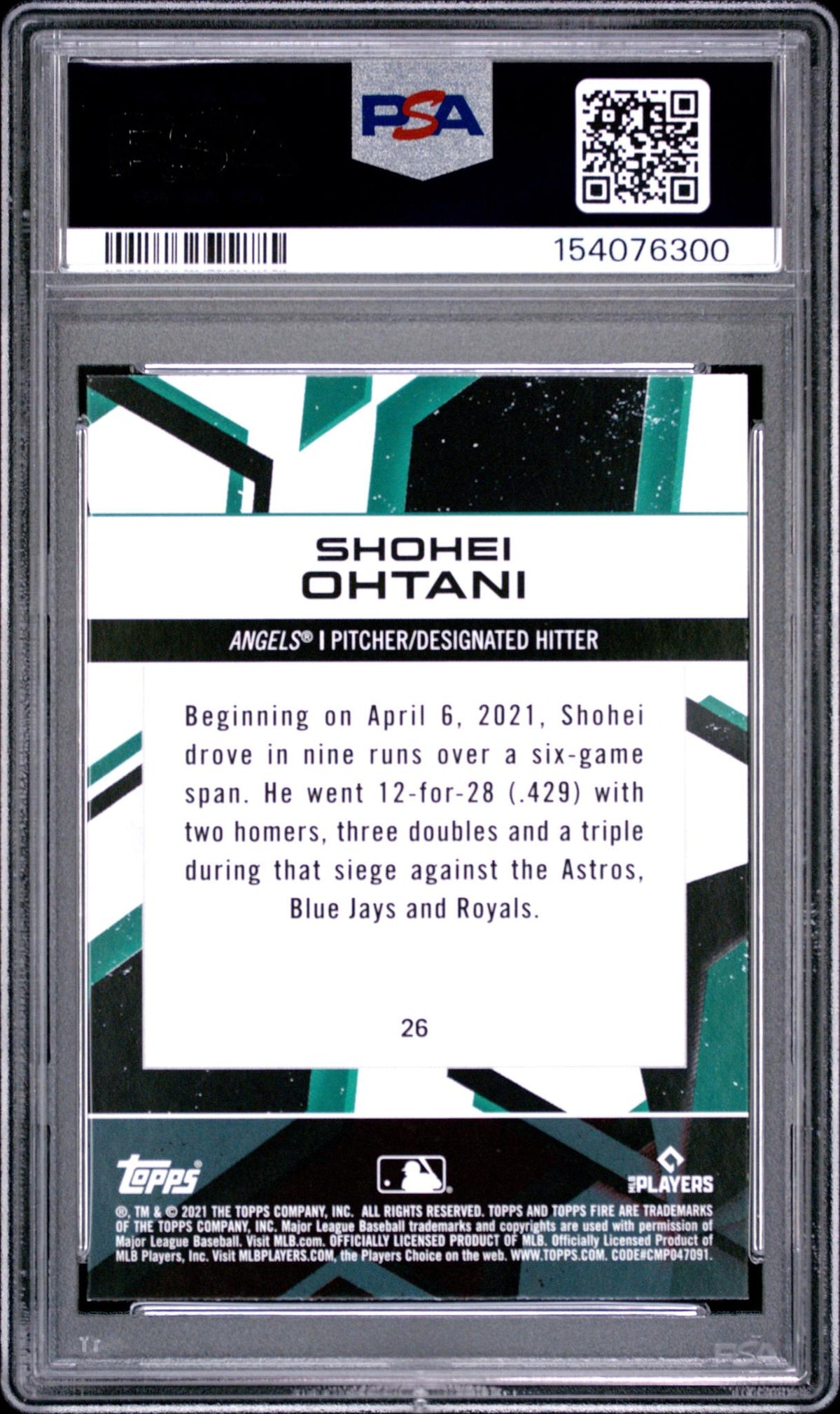 2021 Topps Fire Gold Minted Shohei Ohtani #26 PSA 8