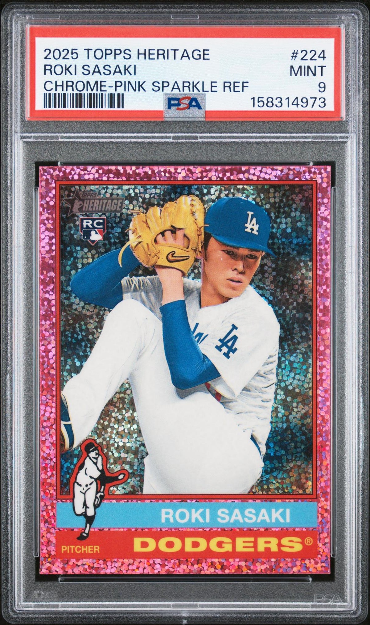 2025 Topps Heritage Chrome Pink Sparkle Refractor Roki Sasaki #224 PSA 9