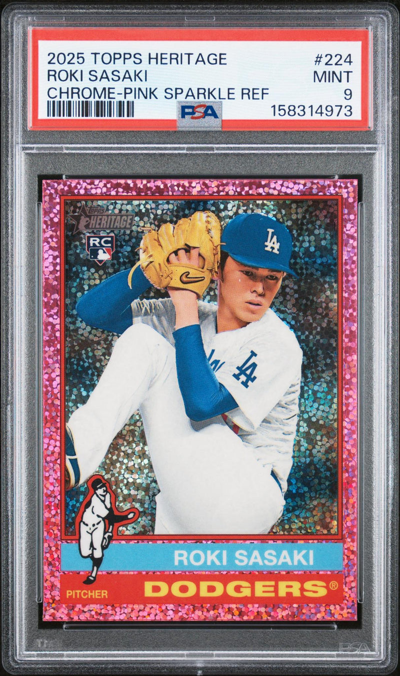 2025 Topps Heritage Roki Sasaki #224 Chrome-Pink Sparkle Ref PSA 9