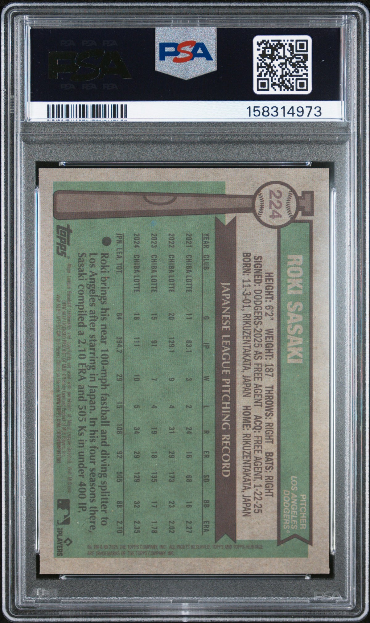 2025 Topps Heritage Chrome Pink Sparkle Refractor Roki Sasaki #224 PSA 9