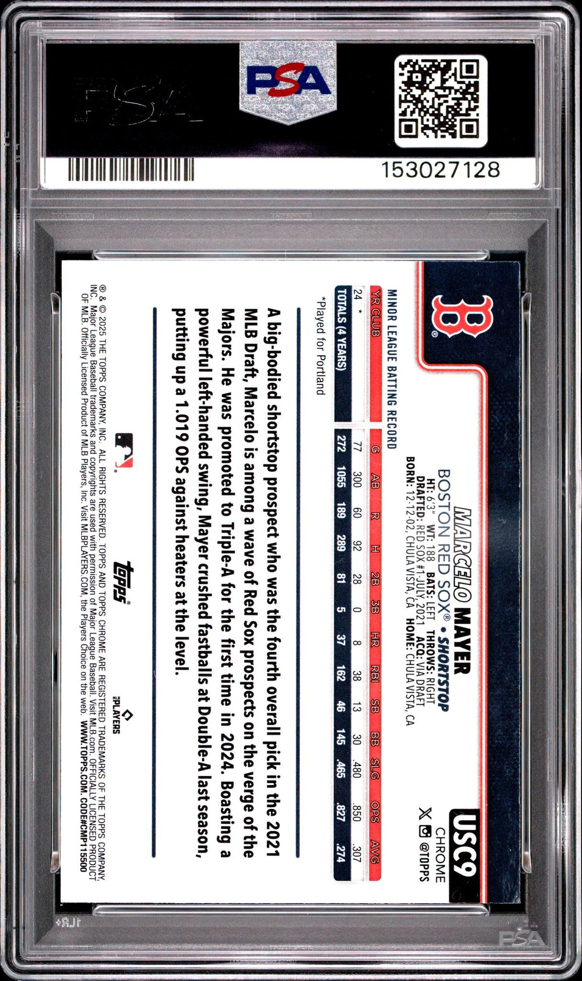 2025 Topps Chrome Update Green Wave Marcelo Mayer #9 /99 PSA 9
