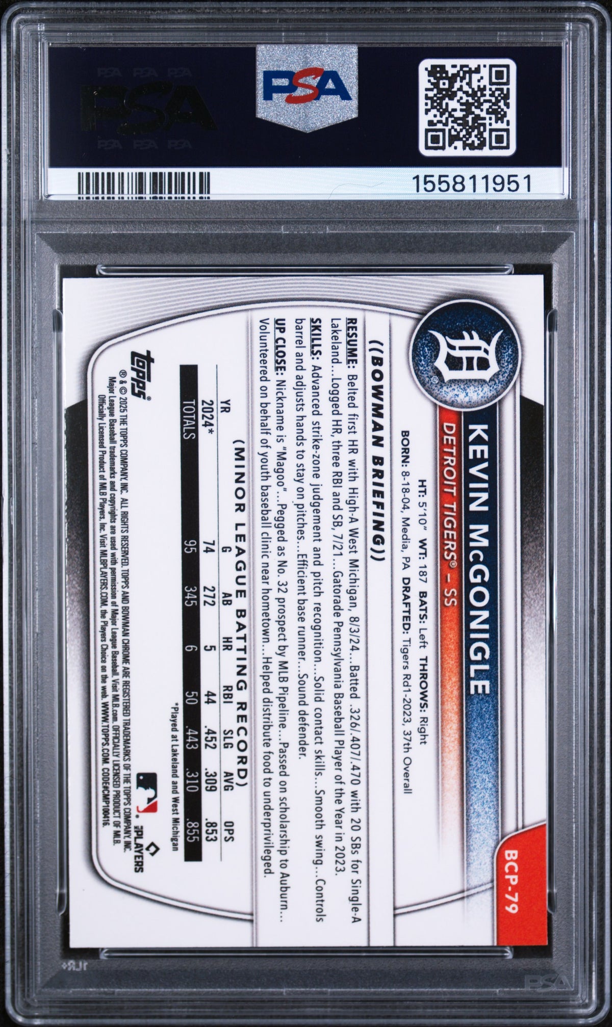 2025 Bowman Chrome Prospects Green Shimmer Refractors Kevin Mcgonigle #BCP79 /99 PSA 10