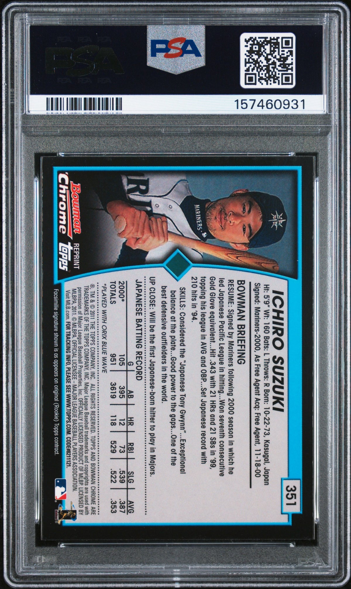 2011 Bowman Chrome Throwbacks Ichiro Suzuki #351 PSA 8