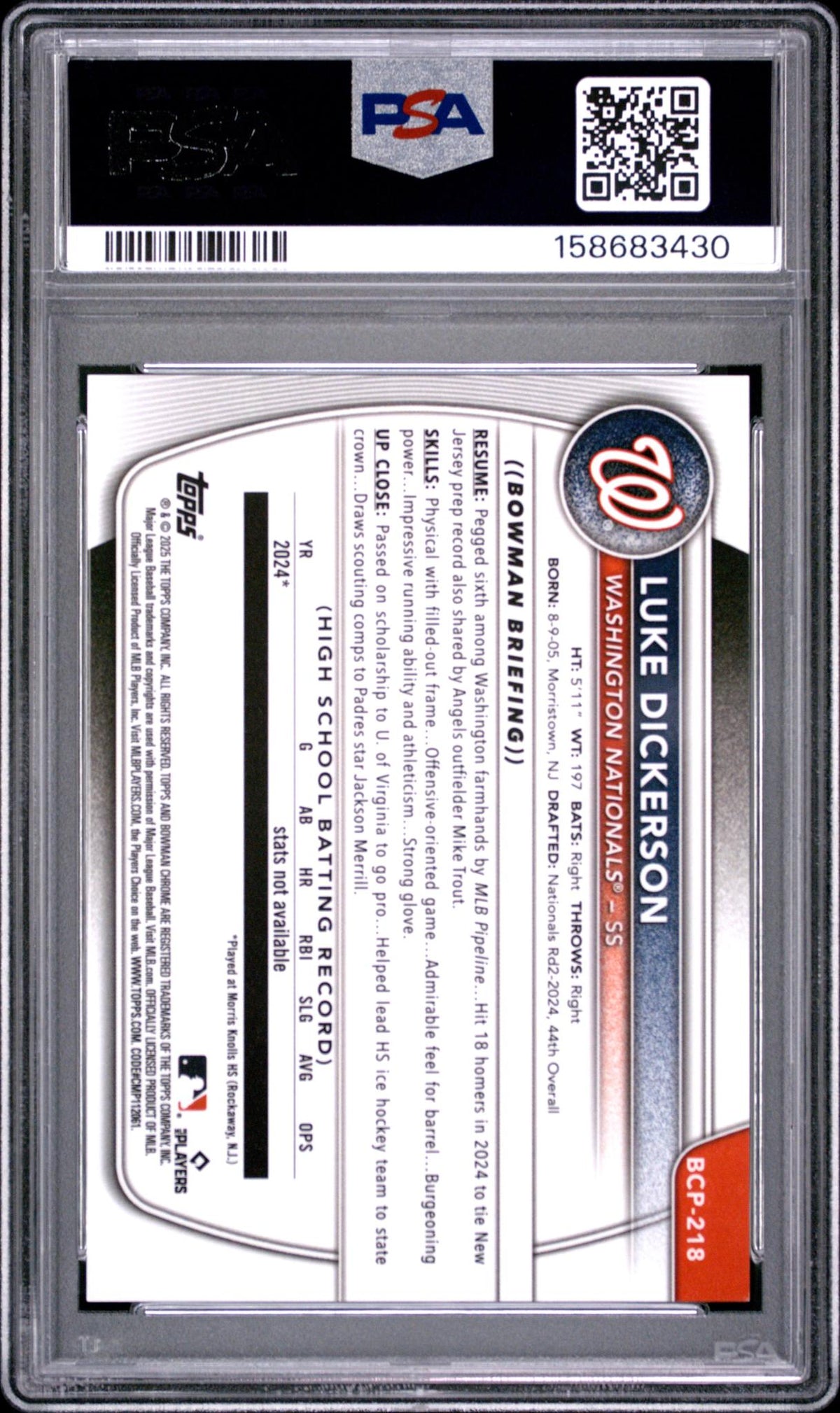 2025 Bowman Chrome Prospects Gold Reptilian Refractors Luke Dickerson #BCP218 /50 PSA 9