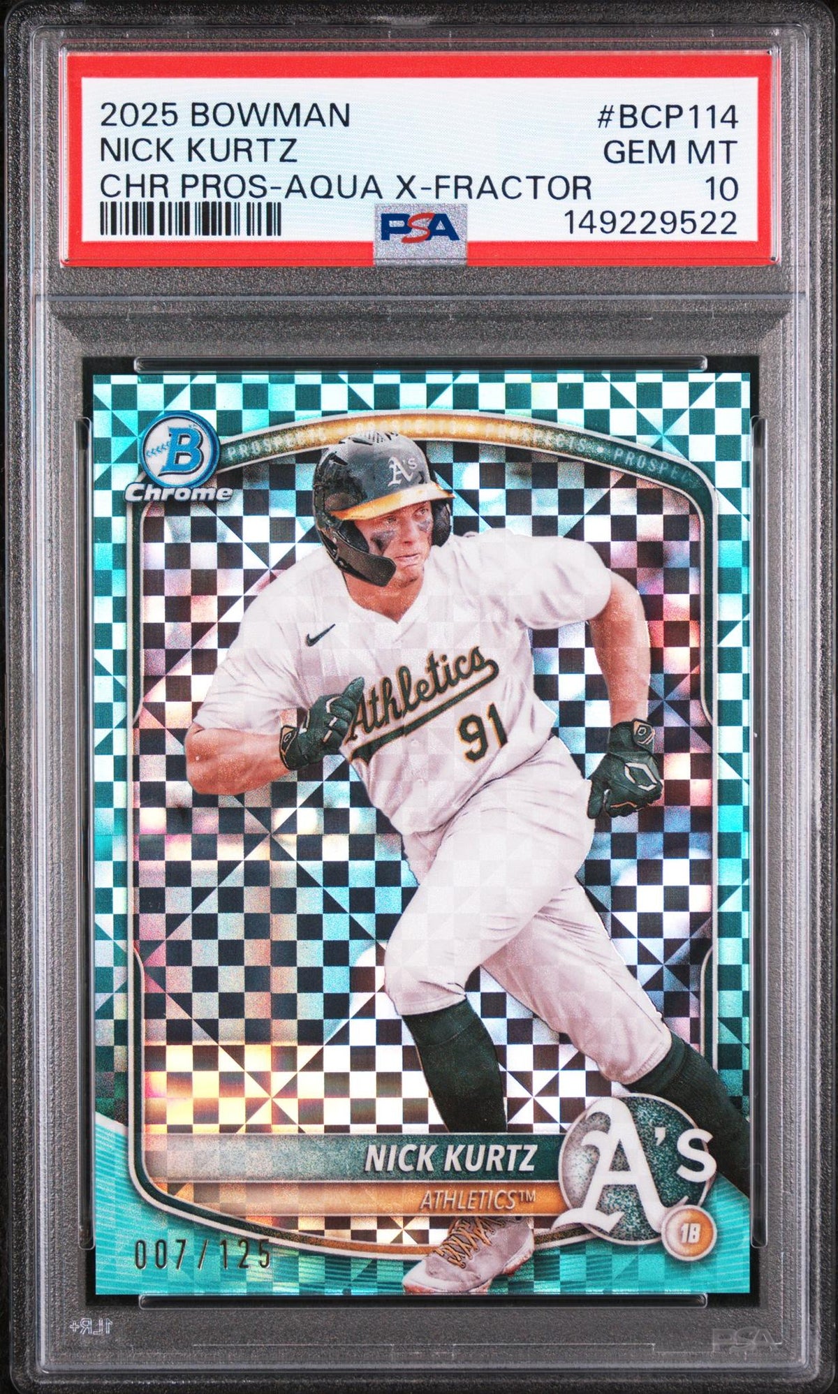 2025 Bowman Chrome Prospects Aqua X-Fractor Nick Kurtz #BCP114 PSA 10