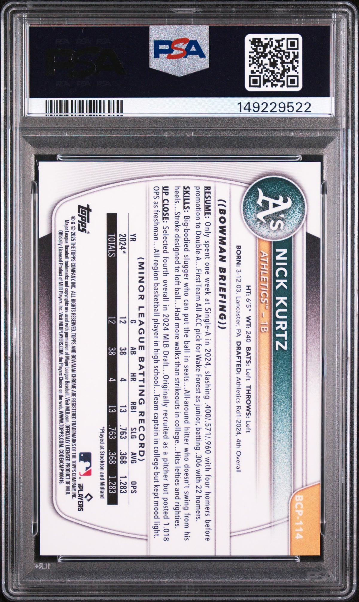 2025 Bowman Chrome Prospects Aqua X-Fractor Nick Kurtz #BCP114 PSA 10