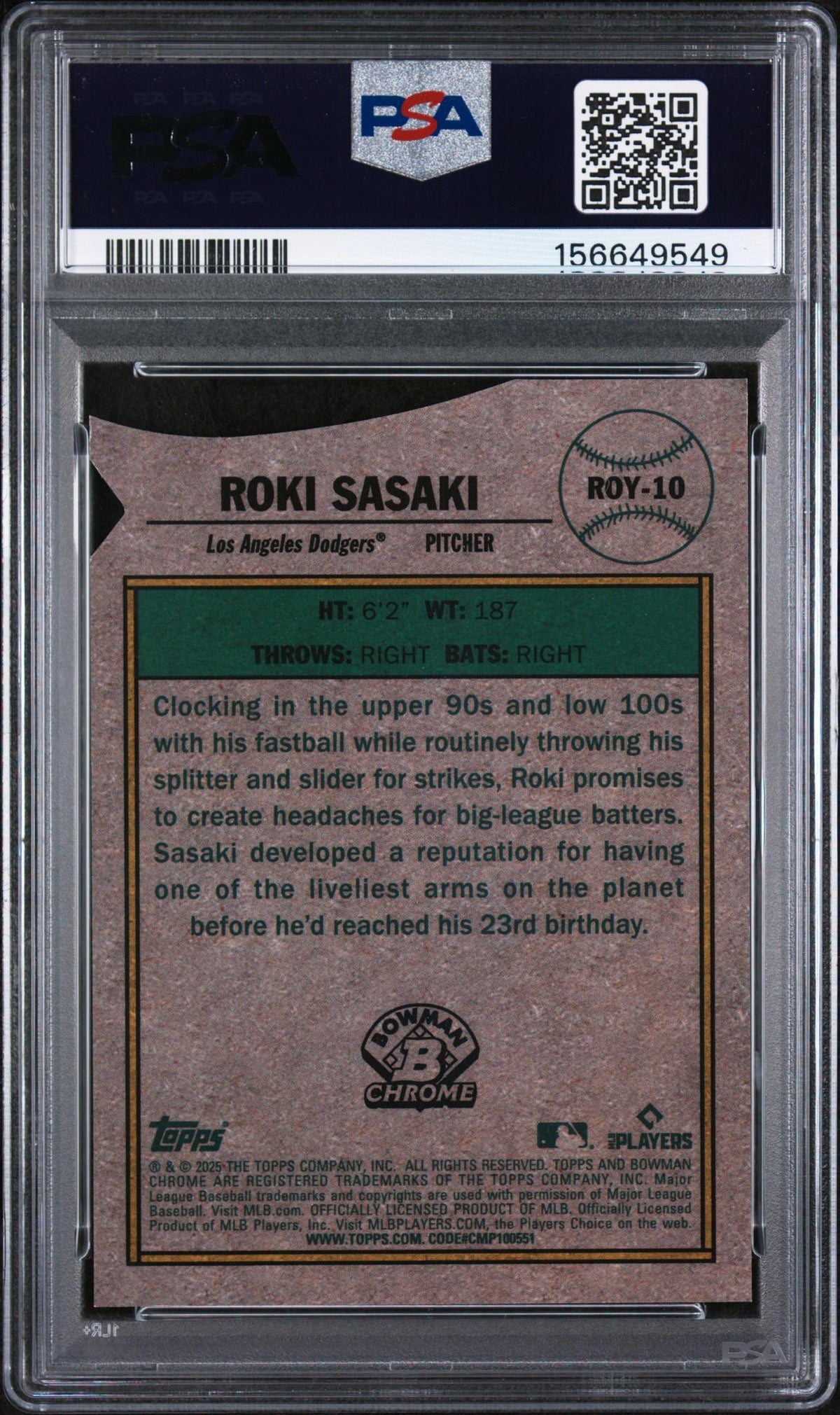 2025 Bowman Rookie of the Year Favorites Green Refractor Roki Sasaki #ROY10 PSA 8