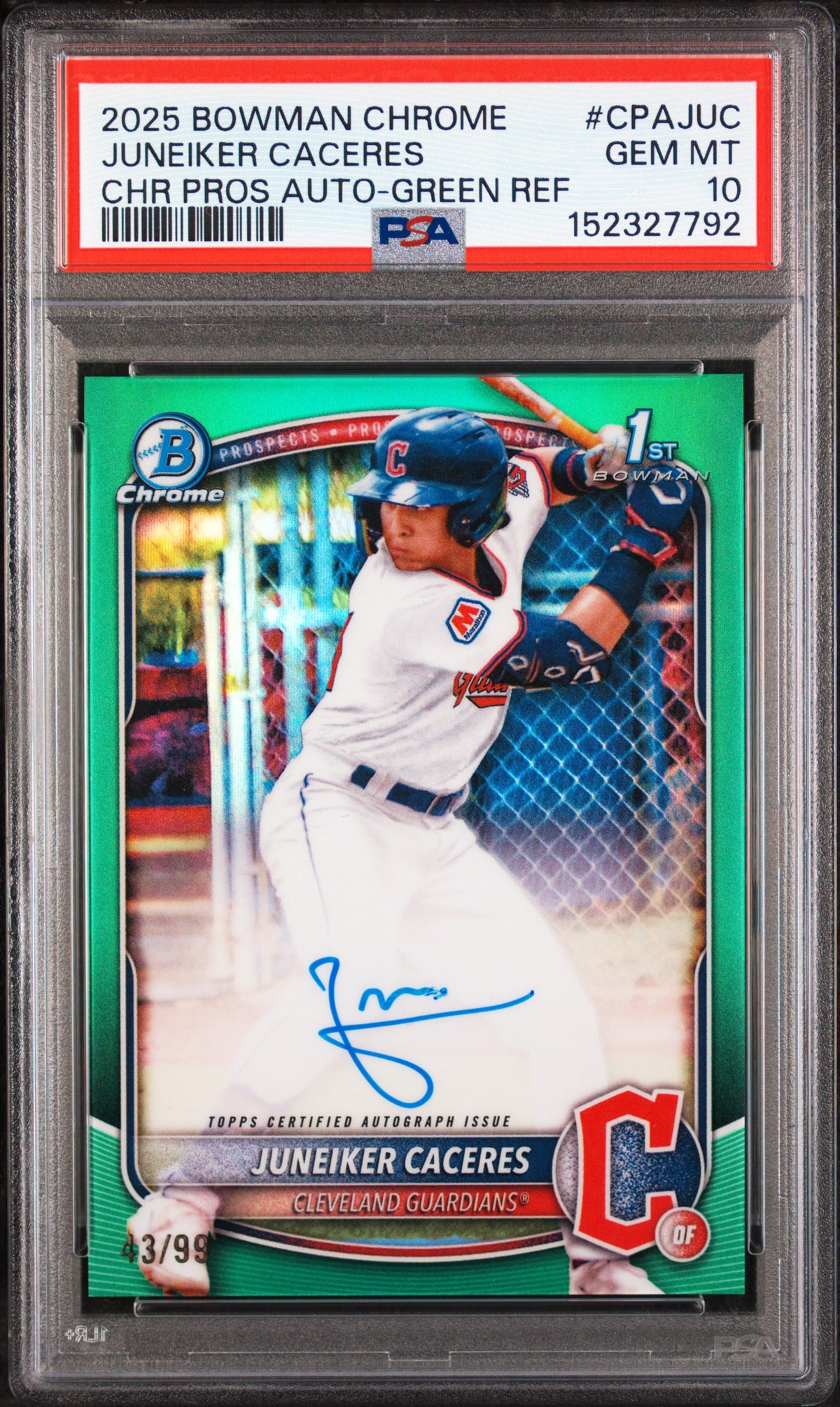 2025 Bowman Chrome Prospect Autographs Green Refractors Juneiker Caceres #CPAJUC /99 PSA 10