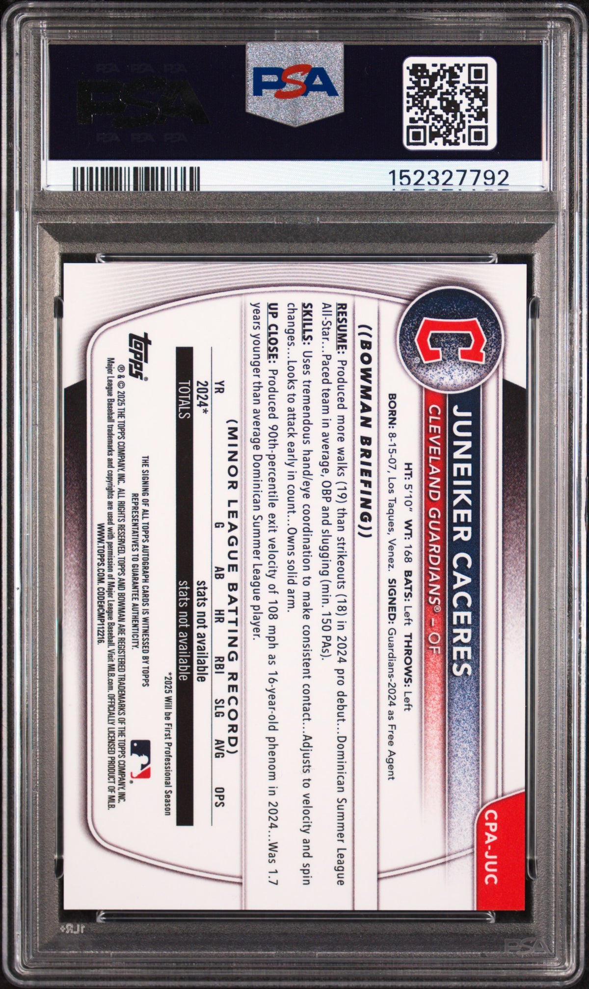 2025 Bowman Chrome Prospect Autographs Green Refractors Juneiker Caceres #CPAJUC /99 PSA 10