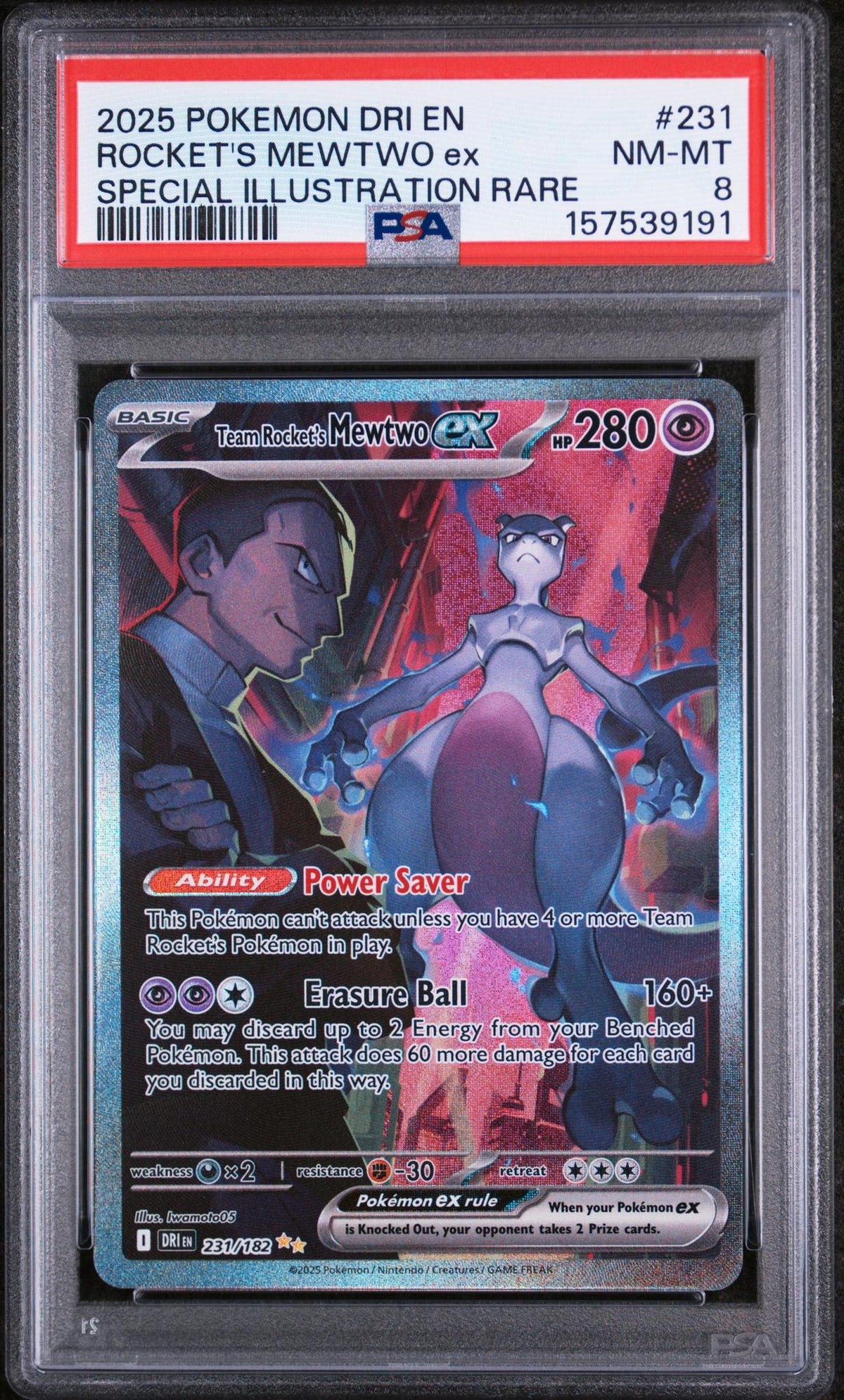 2025 Pokemon Scarlet and Violet Destined Rivals Special Illustration Rare Team Rocket's Mewtwo Ex #231 PSA 8
