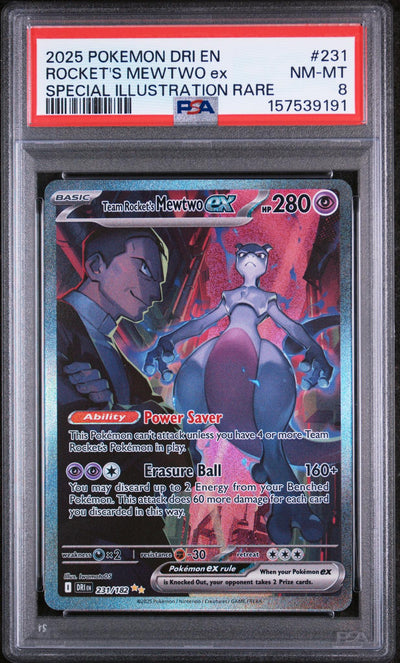 2025 Pokemon Scarlet and Violet Destined Rivals Special Illustration Rare Team Rocket's Mewtwo Ex #231 PSA 8