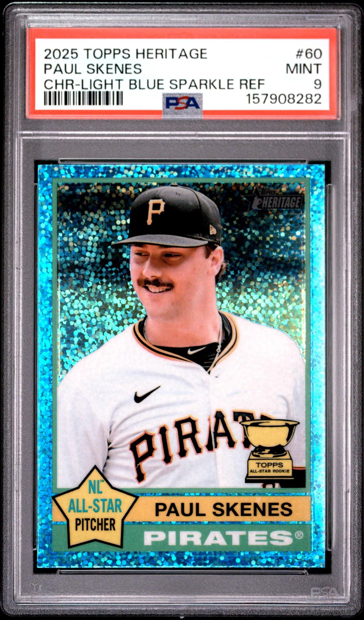 2025 Topps Heritage Chrome-Light Blue Sparkle Refractor Paul Skenes #60 PSA 9