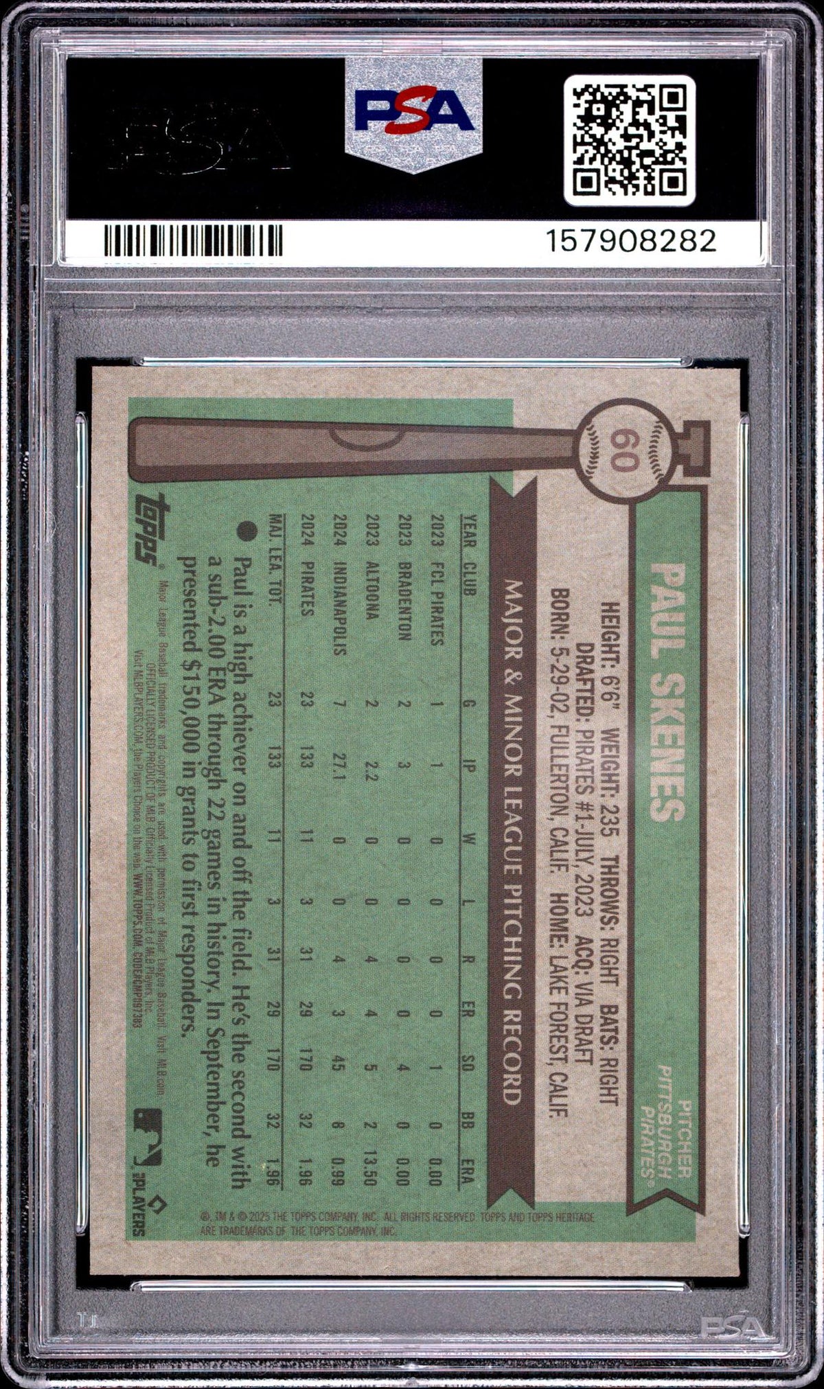 2025 Topps Heritage Chrome-Light Blue Sparkle Refractor Paul Skenes #60 PSA 9