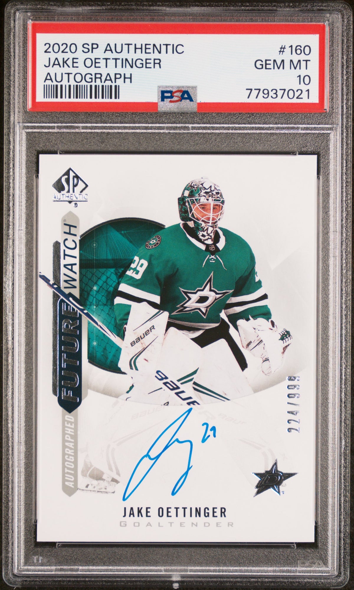 2020 SP Authentic Future Watch Autograph Jake Oettinger #160 /999 PSA 10
