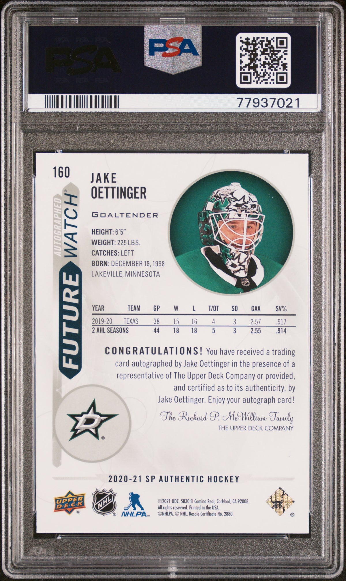 2020 SP Authentic Future Watch Autograph Jake Oettinger #160 /999 PSA 10