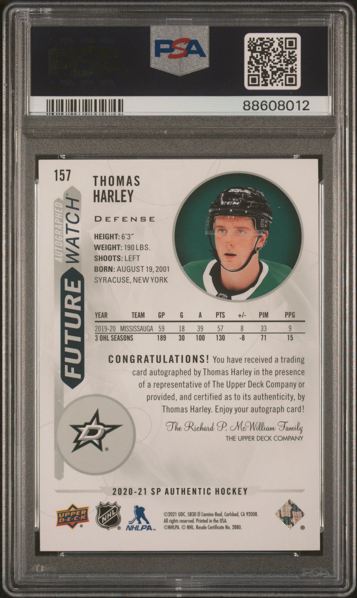 2020 SP Authentic Thomas Harley #157 /999 PSA 9