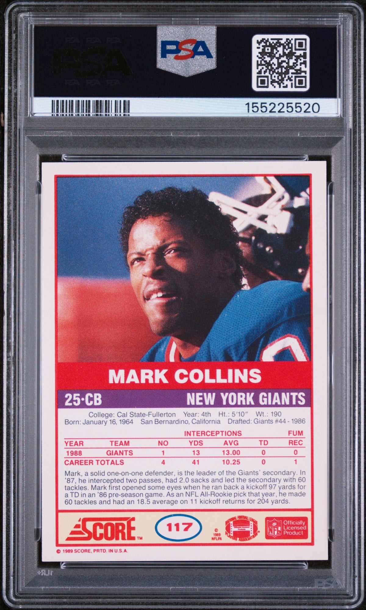 1989 Score Mark Collins #117 PSA 10