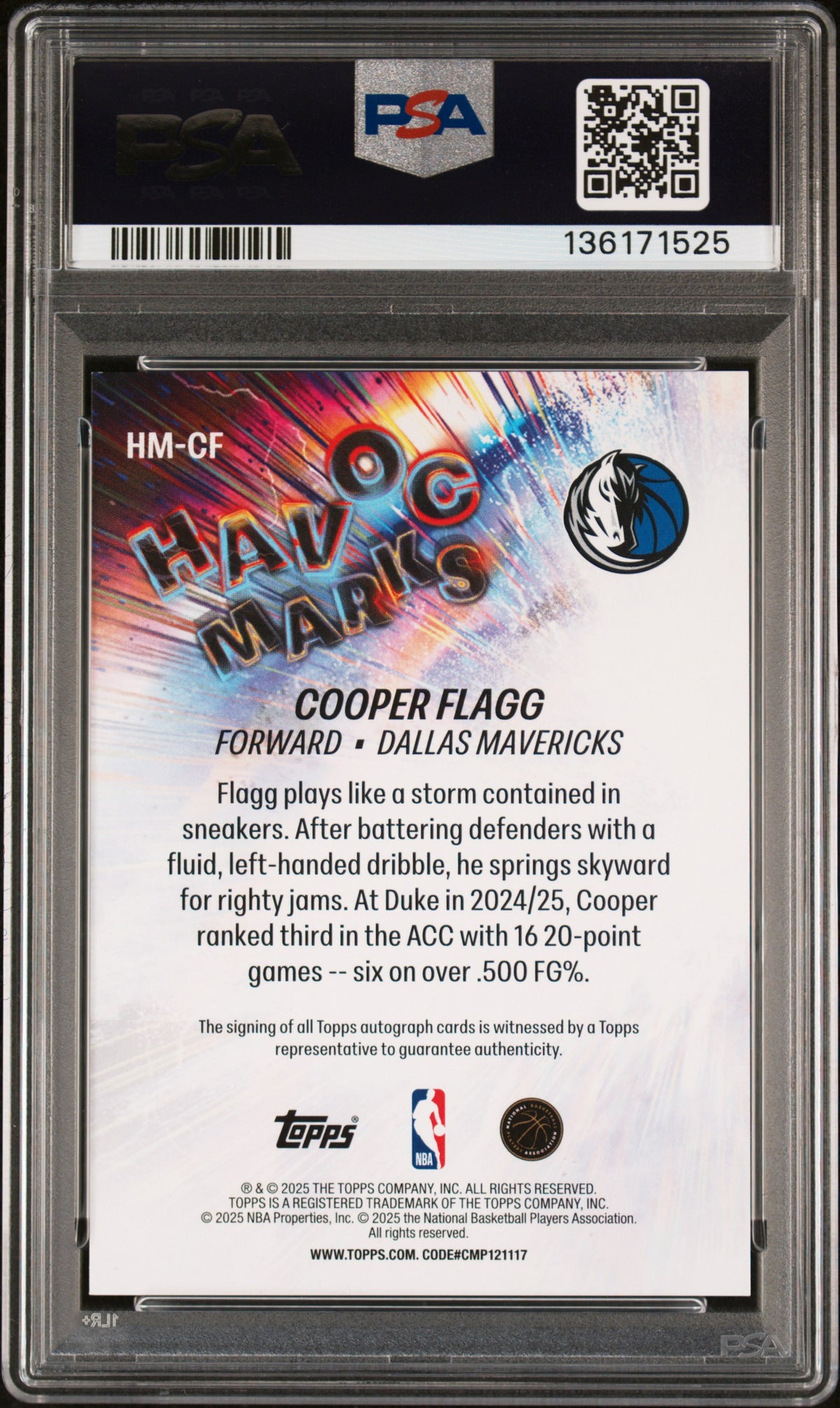 2025 Topps Havoc Marks Cooper Flagg #HM-CF Auto PSA 9