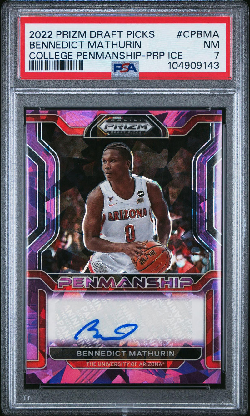 2022 Panini Prizm Draft Picks College Penmanship Purple Ice Prizm Bennedict Mathurin #CPBMA /99 PSA 7