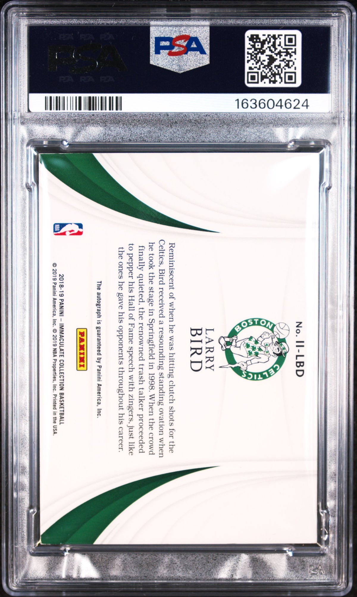 2018 Panini Immaculate Collection Immaculate Inductions Autographs Larry Bird #LBD /15 PSA 6