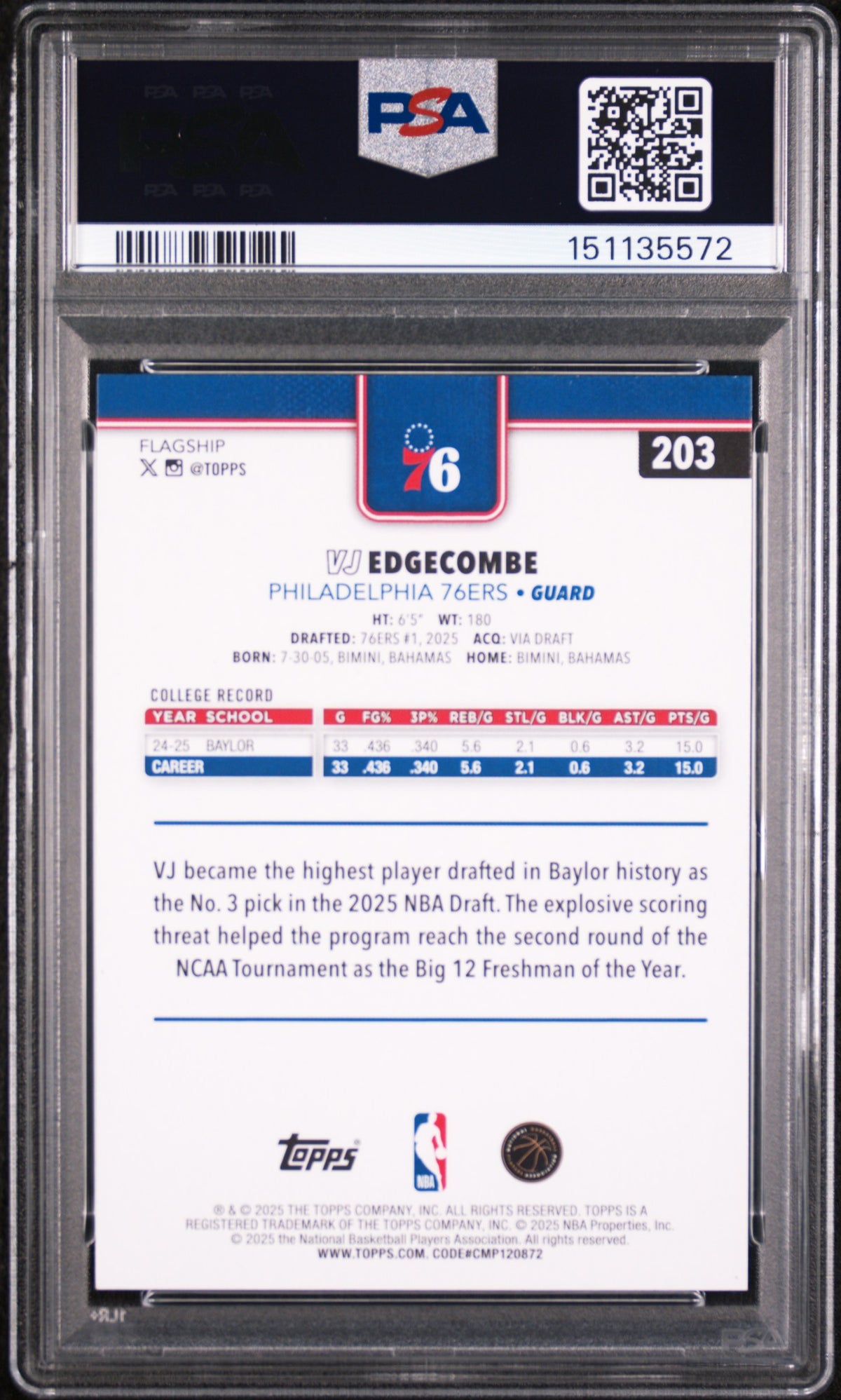 2025 Topps Vj Edgecombe #203 PSA 9