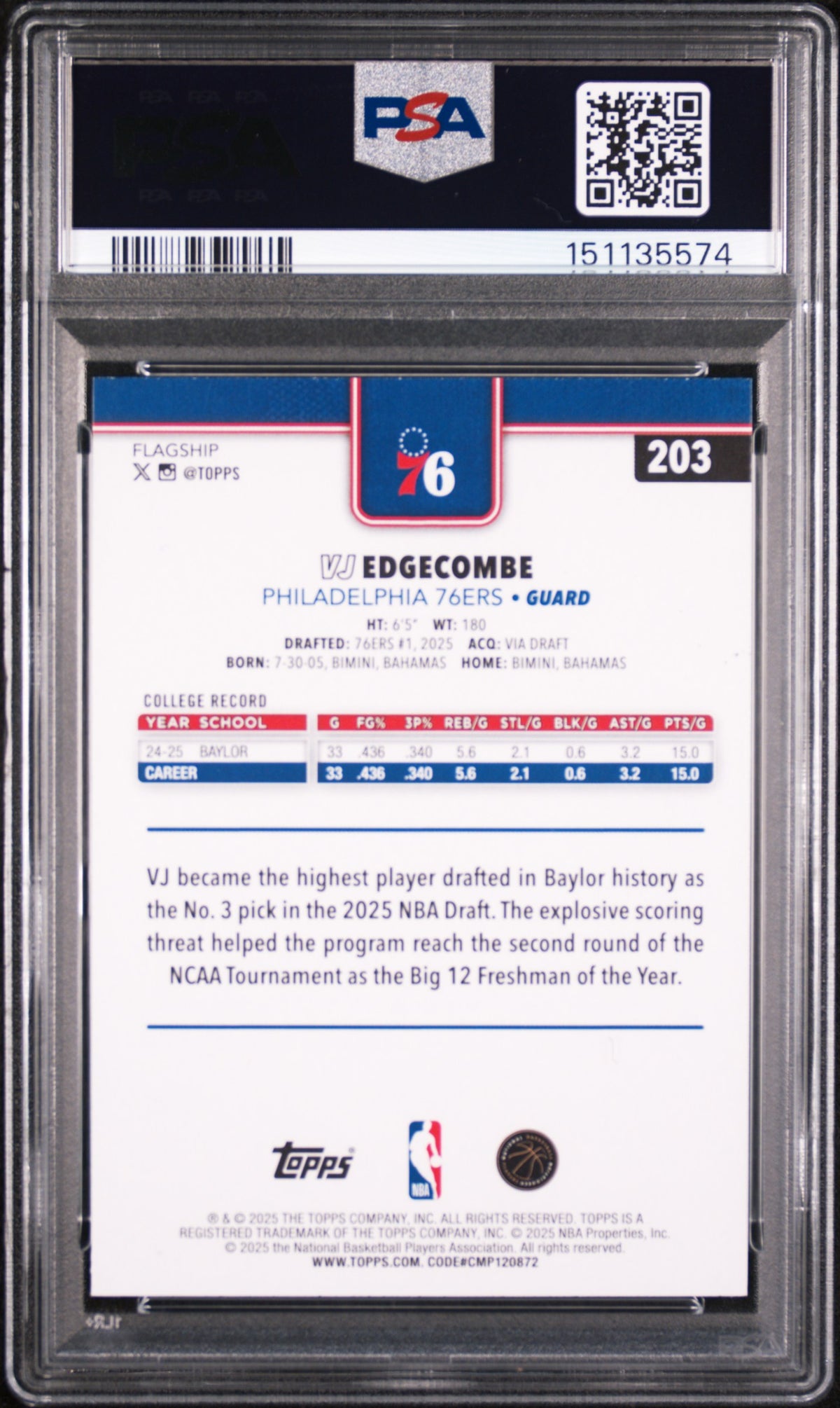 2025 Topps Vj Edgecombe #203 PSA 9