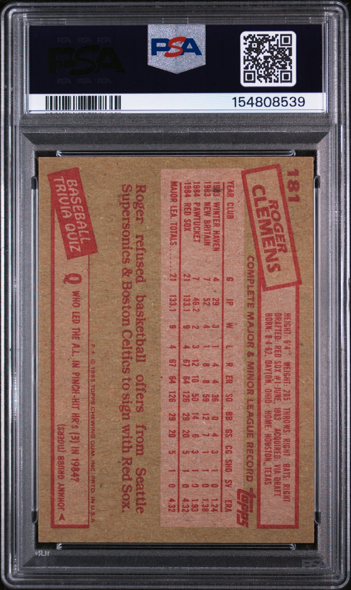 1985 Topps Roger Clemens #181 PSA 8
