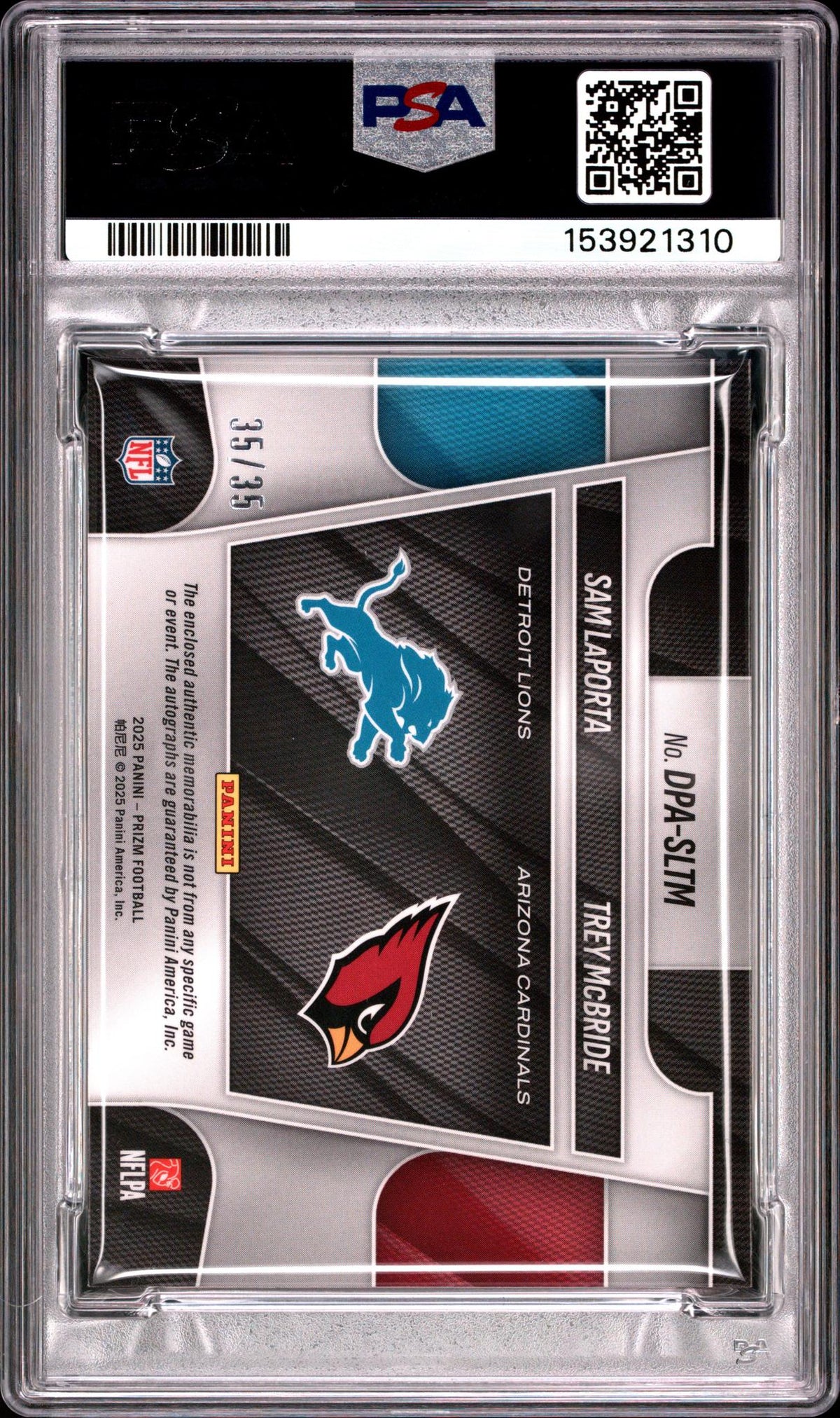 2025 Panini Prizm Dual Patch Autographs Red Shimmer Sam Laporta/Trey Mcbride #DPA-SLTM /35 35/35 PSA 9