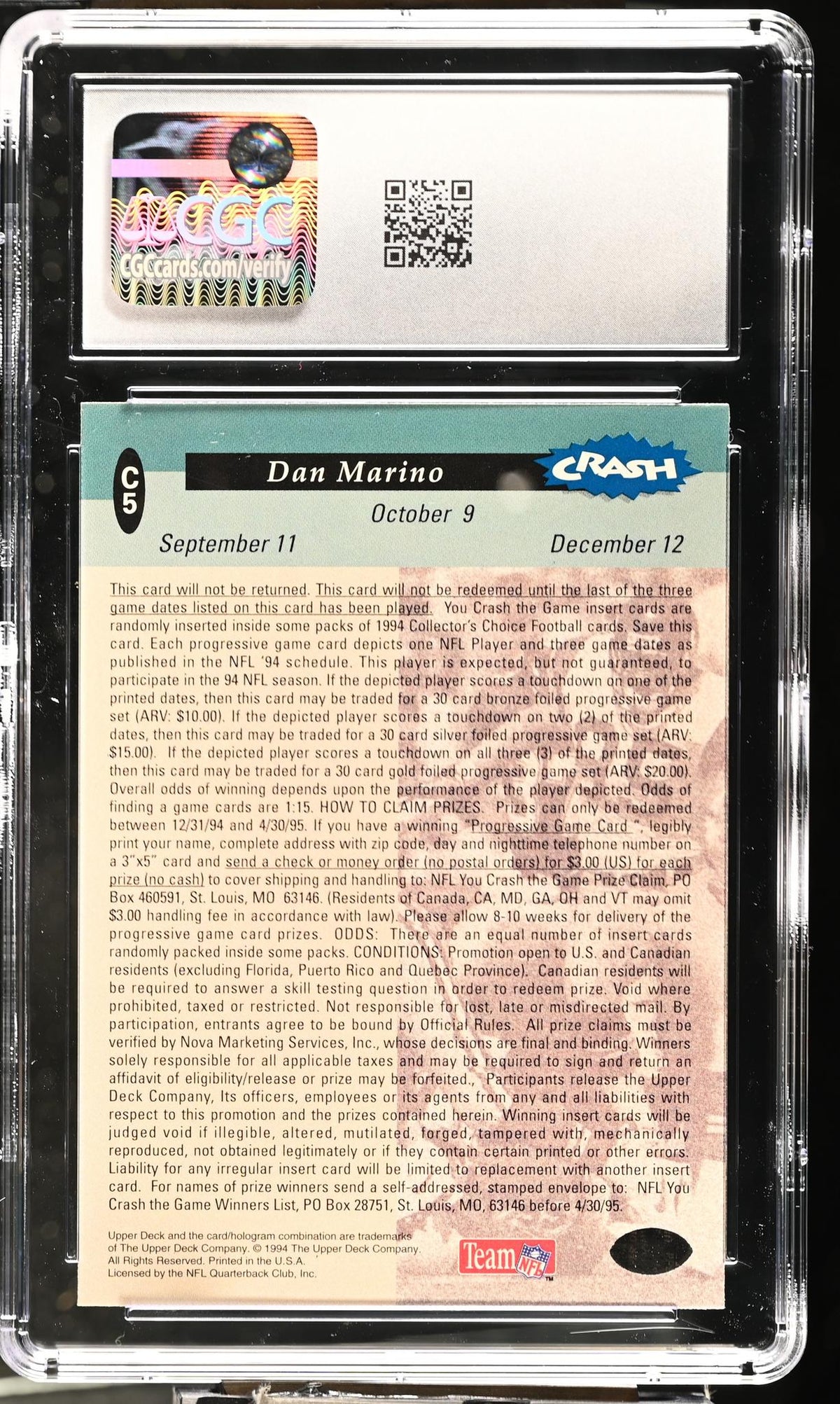 1994 Collector's Choice #C5 Dan Marino Crash the Game CGC 9