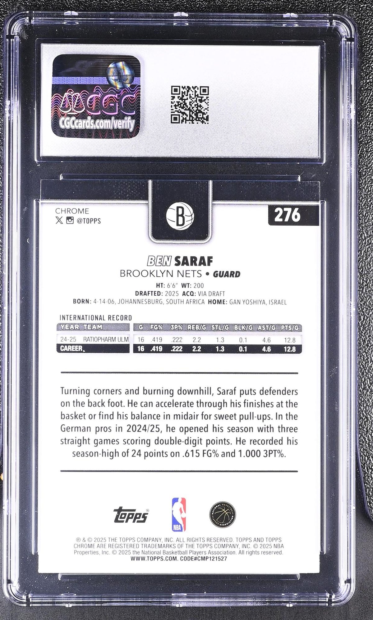 2025 Topps Chrome #276 Ben Saraf Aqua Basketball Refractor /99 CGC 8.5