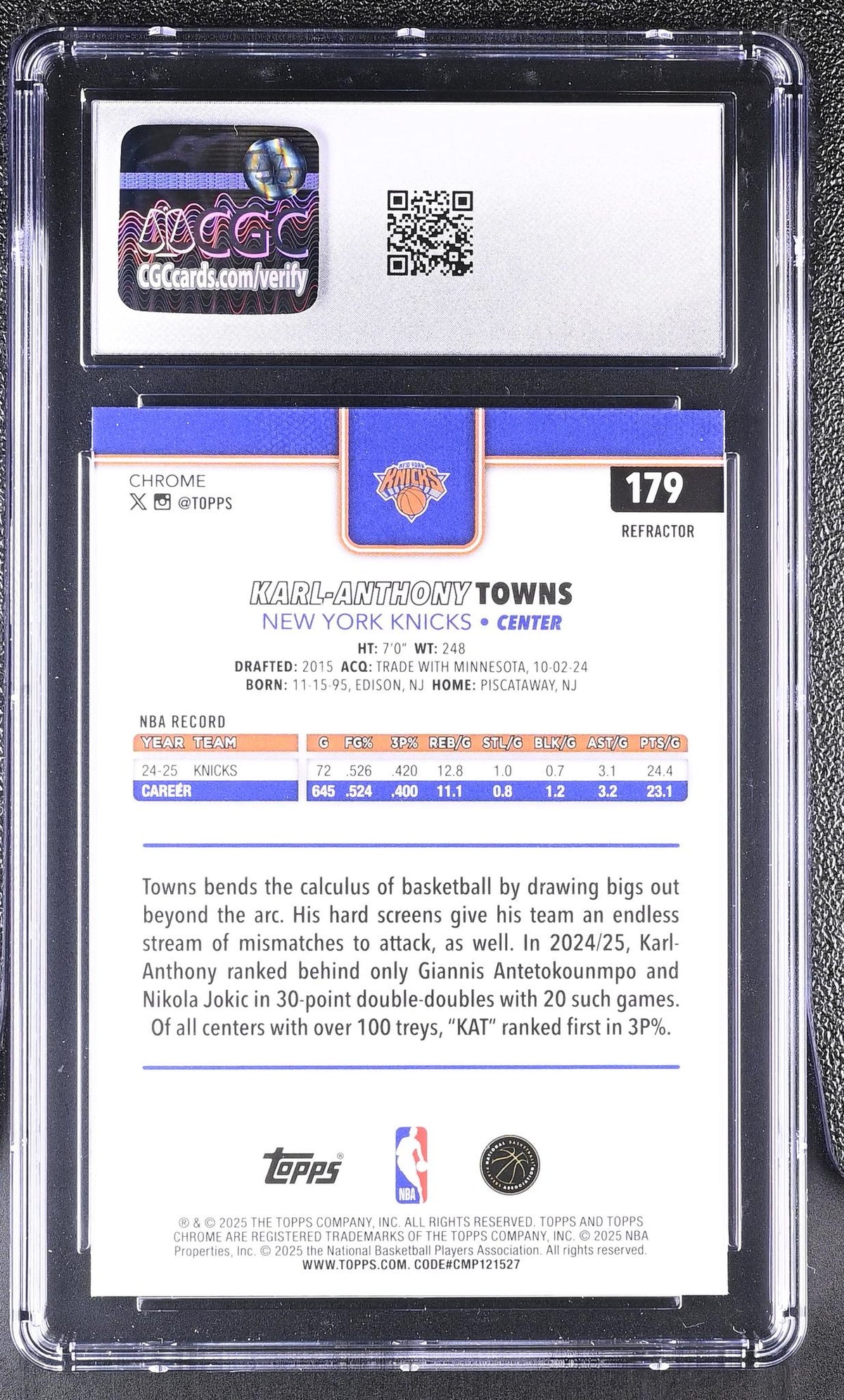 2025 Topps Chrome #179 Karl-Anthony Towns Refractor CGC 10