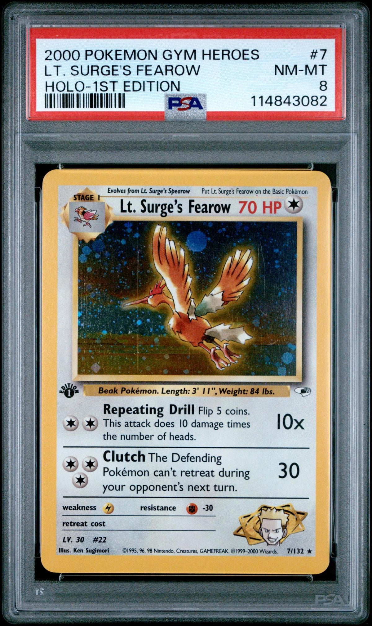 2000 Pokemon Gym Heroes 1st Edition Holo Lt. Surge's Fearow #7 PSA 8
