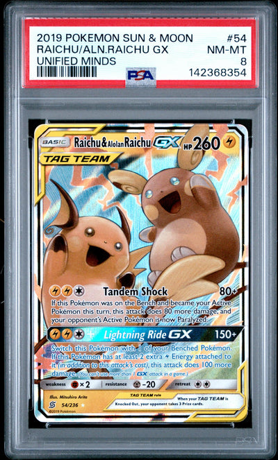 2019 Pokemon Sun and Moon Unified Minds Alolan Raichu/Raichu Gx #54 PSA 8