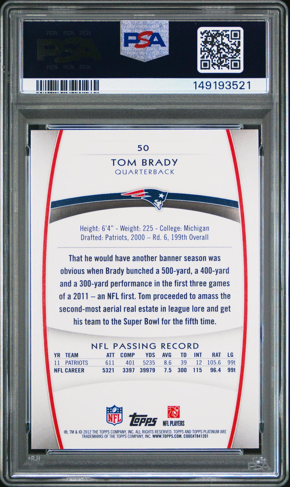 2012 Topps Platinum Tom Brady #50 PSA 9