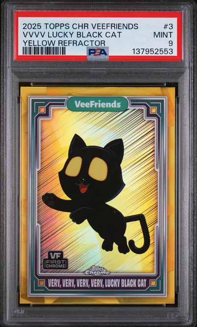 2025 Topps Chrome Veefriends Yellow Refractors Very, Very, Very, Very, Lucky Black Cat #3 PSA 9