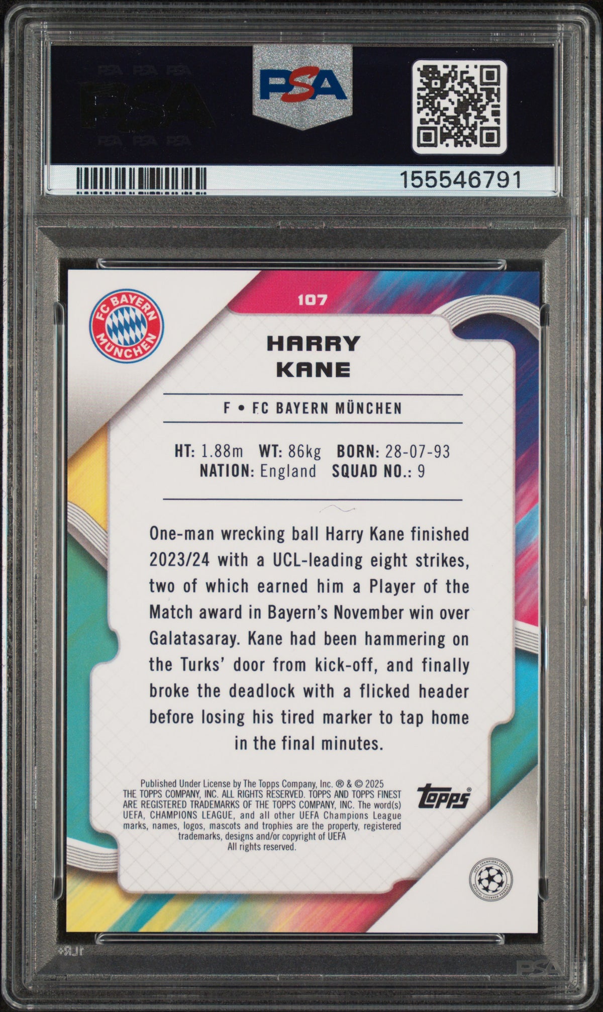 2024 Topps Finest UEFA Club Competitions Gold Refractor Harry Kane #107 /50 PSA 10