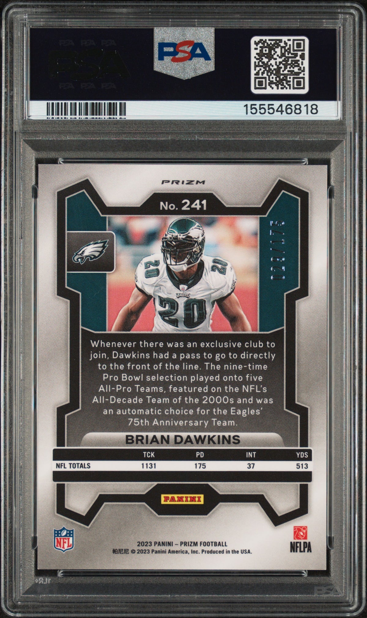 2023 Panini Prizm Prizms Hyper Brian Dawkins #241 /175 PSA 9
